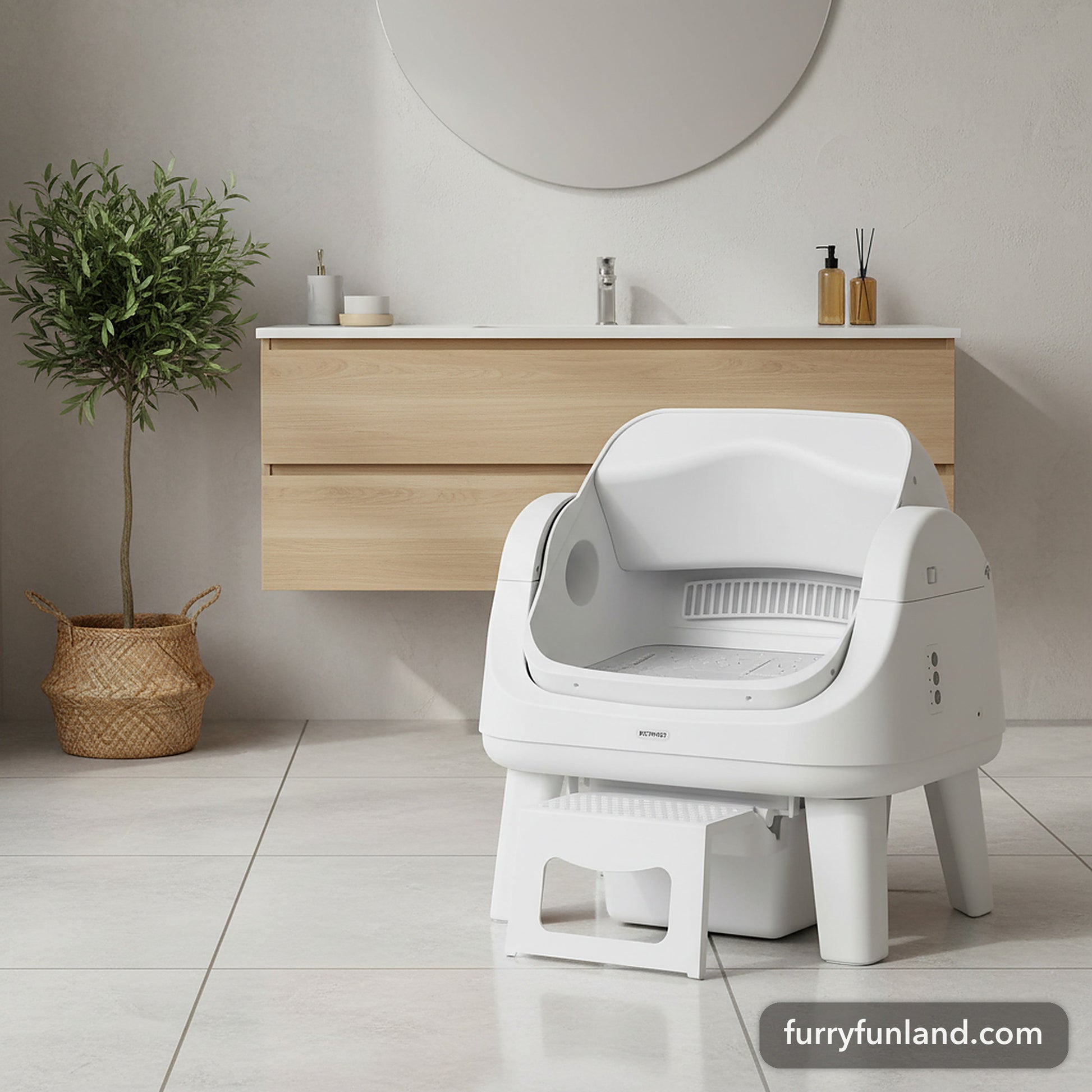 AutoScooper 12 litter box in White in a modern bathroom