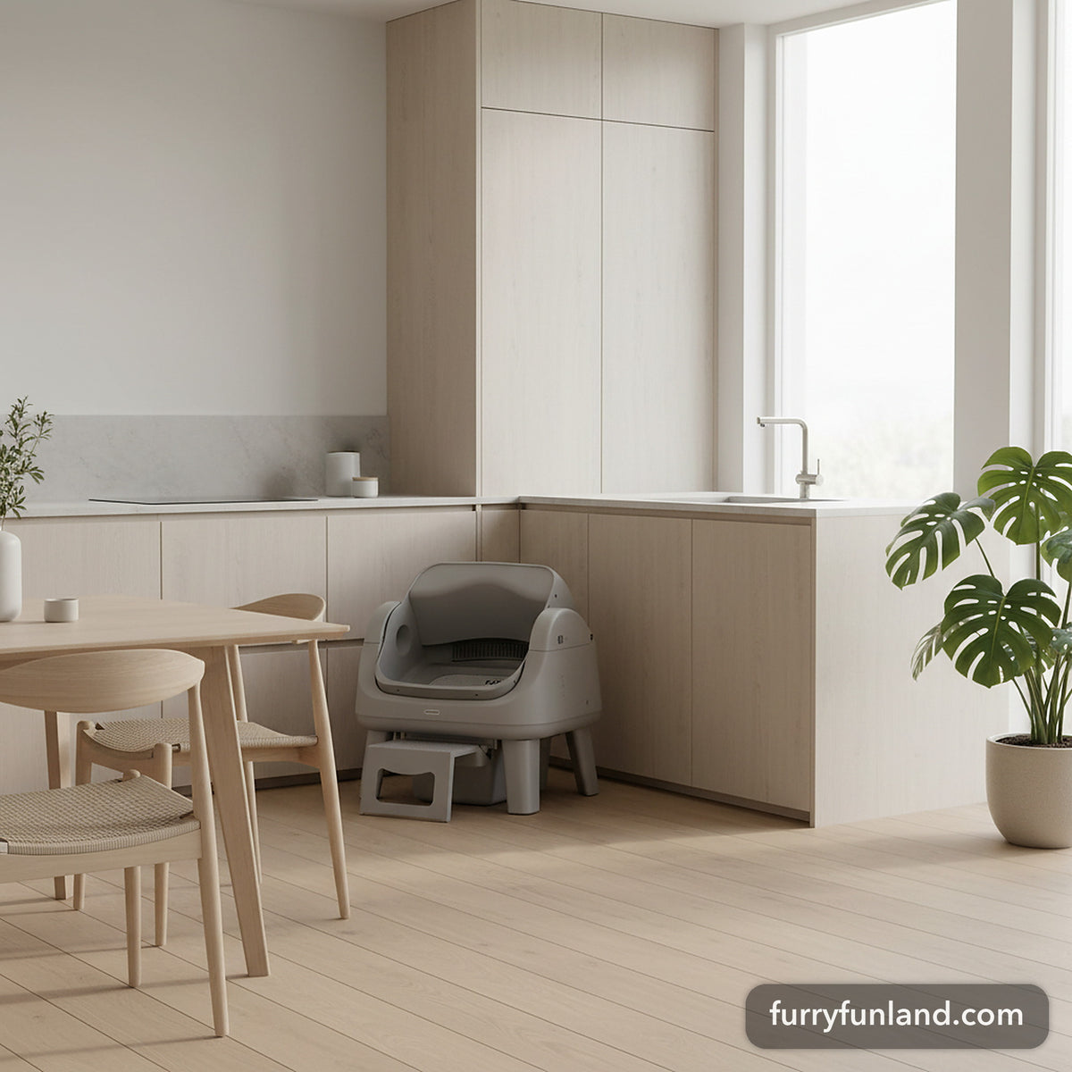 AutoScooper 12 litter box in Dark Gray in a modern kitchen-diner corner
