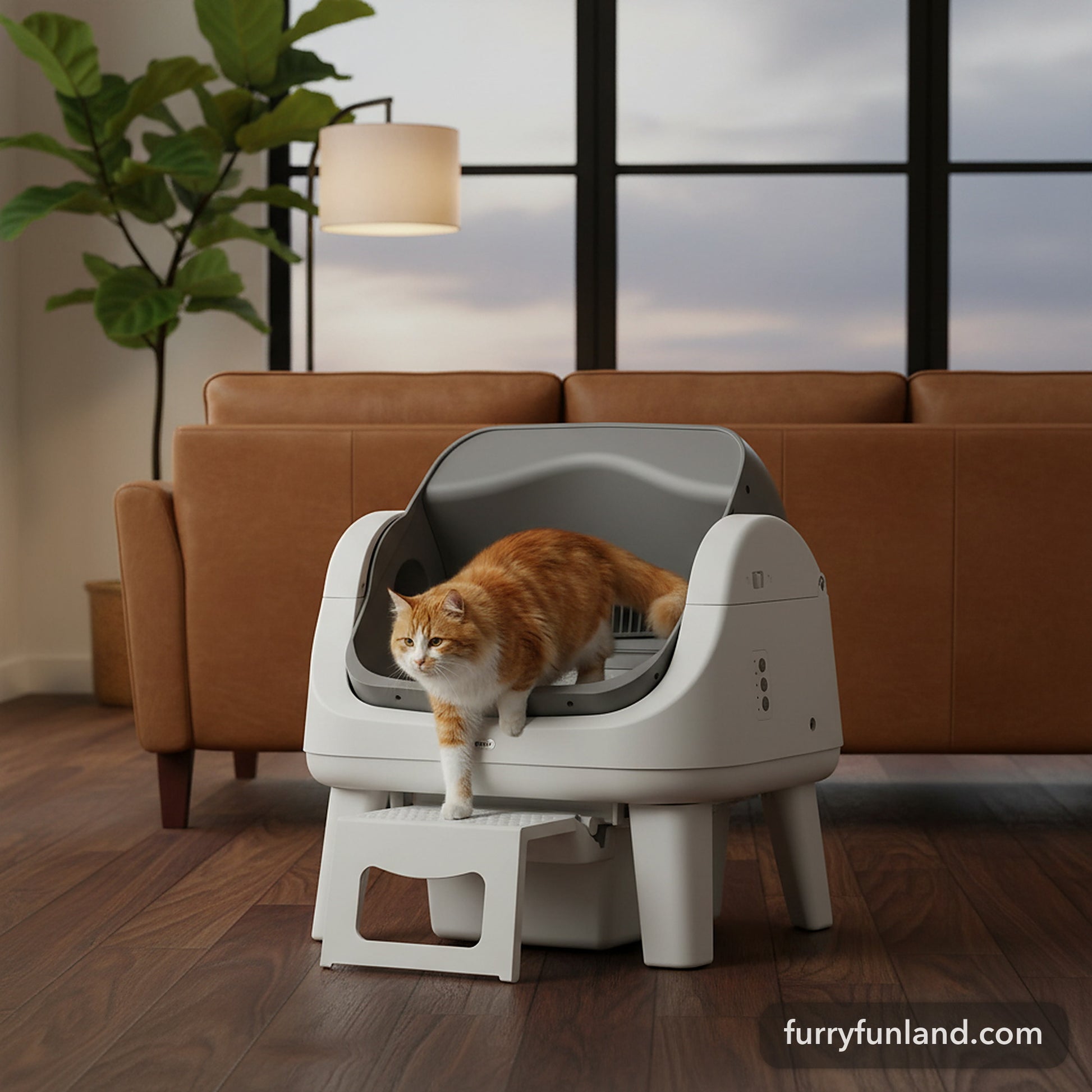 AutoScooper 12 litter box in a warm walnut loft in the evening with a cat