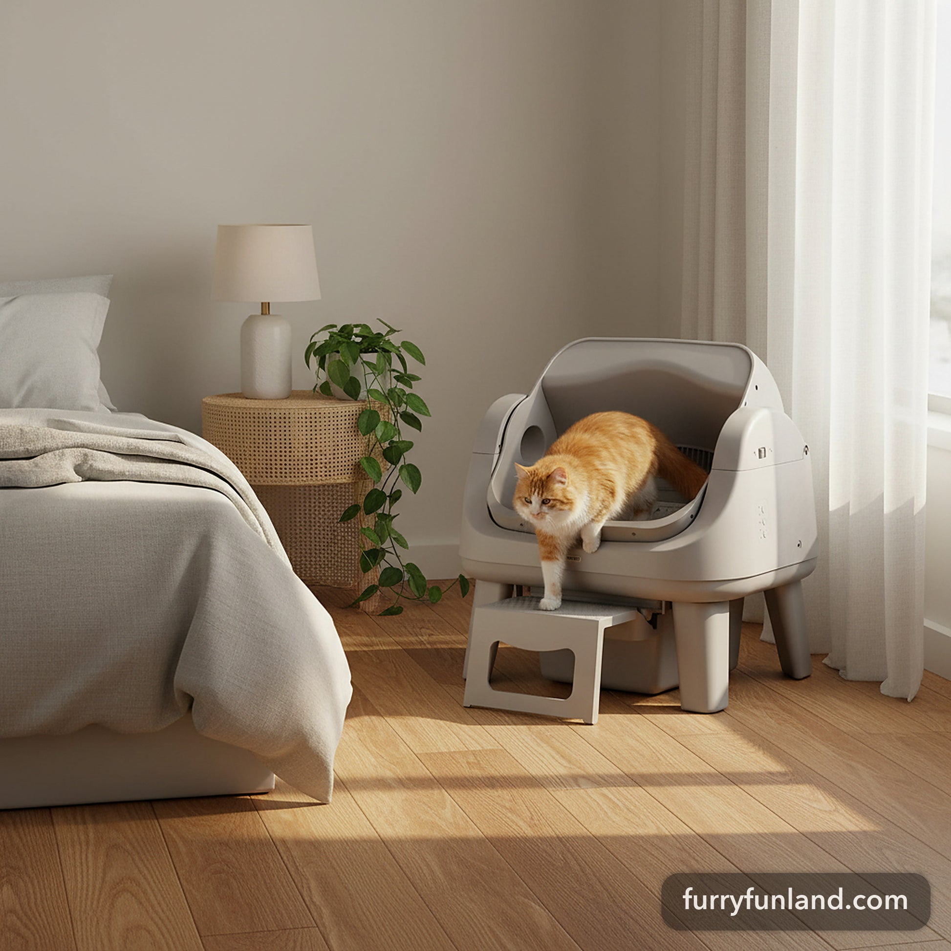 AutoScooper 12 litter box in a calm bedroom corner with a cat