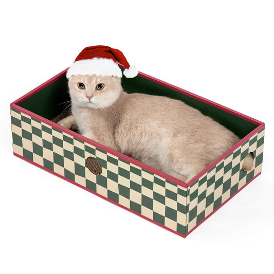 Cat Scratcher Lounge Box with Refill Pad – Christmas Checkered