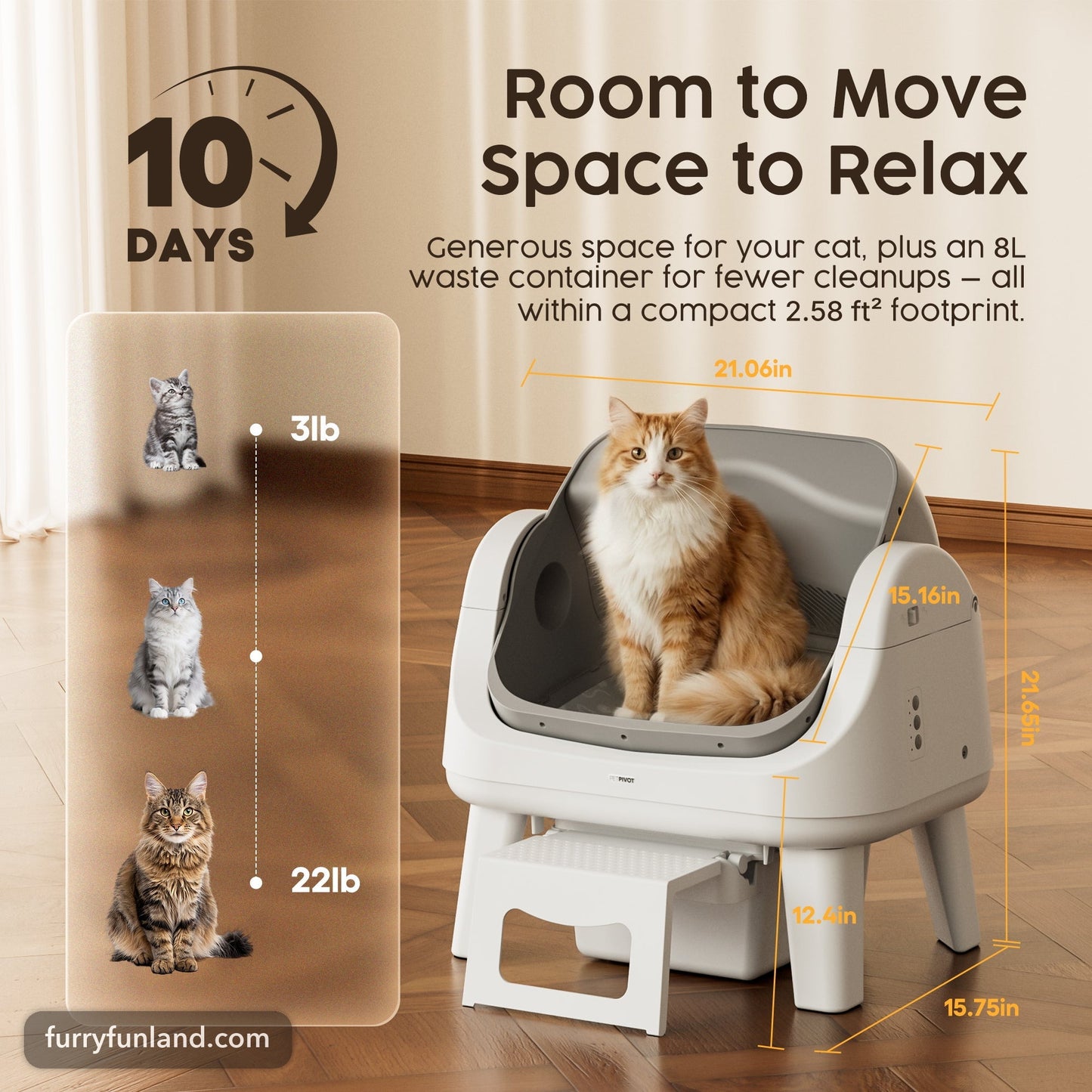 AutoScooper 12 size and capacity: 8L waste container, 2.58 sq ft footprint, fits cats 3 to 22 lb
