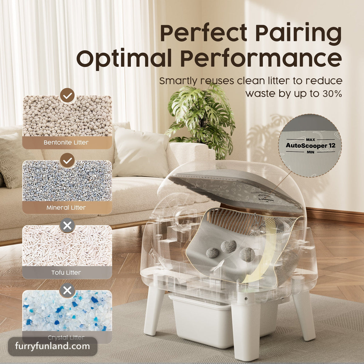 AutoScooper 12 works with bentonite and mineral clumping litter, not tofu or crystal