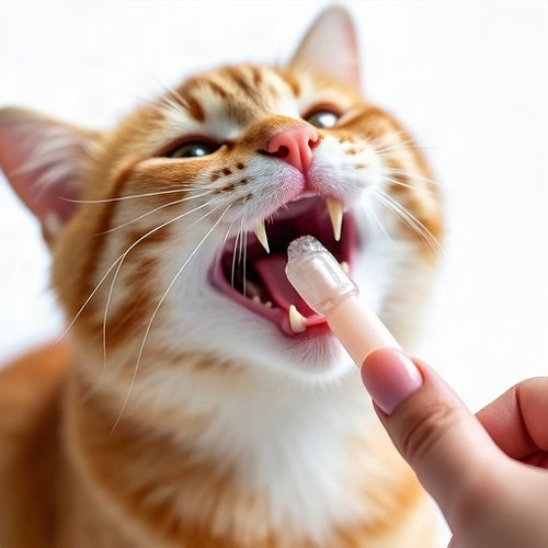 Cat receiving gentle teeth cleaning with a silicone finger toothbrush