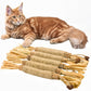 Cat resting beside natural silvervine dental sticks for cats
