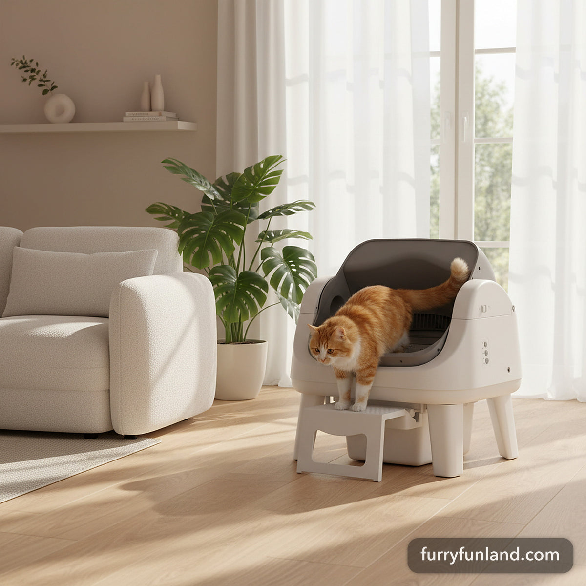 AutoScooper 12 litter box in a bright Scandinavian living room with a ginger cat